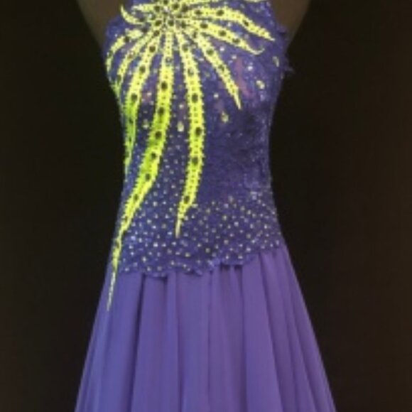 "Royal Blue" Smooth couture ballroom gown, new w/ lime green and swarovski - Picture 2 of 3